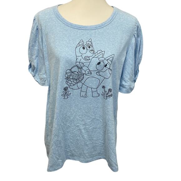 Hand Printed Upcycled Womens Large Bluey Bingo Easter Egg Short Sleeve Tee - Picture 1 of 5